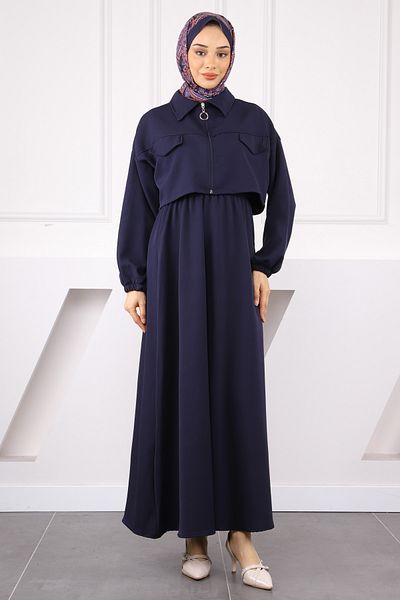 İmajButik Μπλε μπουφάν με ελαστικό φόρεμα στη μέση