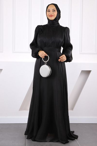 İmajButik Μαύρο βραδινό φόρεμα σιφόν με δραπέ μπροστά και ζώνη