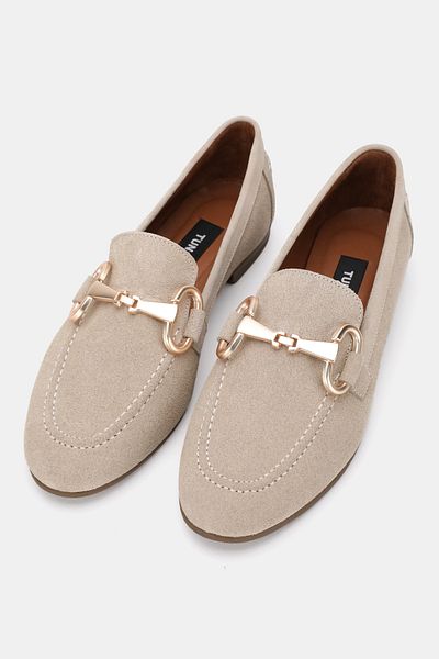 TUNAELLİ WOMEN'S BEIGE SUEDE GENUINE NATURAL LEATHER NUMBER 36-41 BUCKLE SHOES