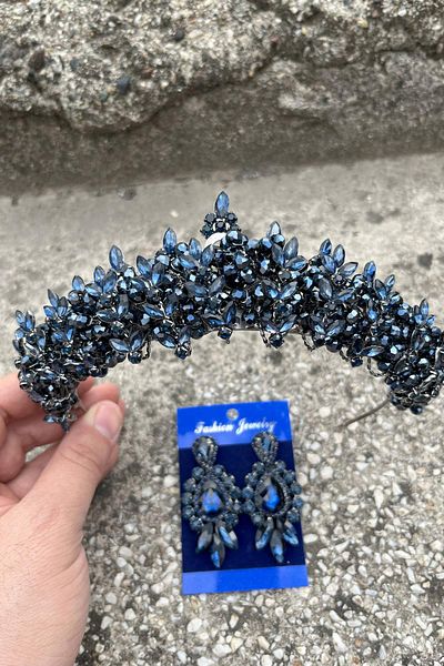 Hobigram Aldonsa Navy Blue Bridal Henna Crown Special Occasion Accessory Women's Crown and Three Shuttle Earrings Set