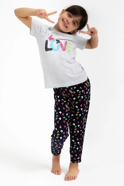 ROLY POLY 2797-g Gray Butterfly Patterned Pajama Set with Elastic Legs (Mother and Daughter Can Be Combined)