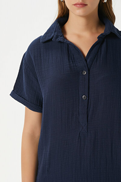 Ritnice Women's Eva 100% Cotton Muslin Polo Neck Slit Navy Blue Midi Dress