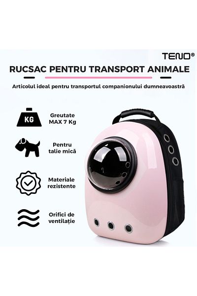 Teno Rucsac Transport Animale Teno®, greutate Max 7kg, buzunar lateral, pentru talie mica, roz