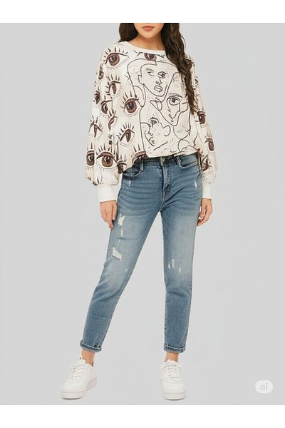DHDmoda Women's Two Thread Sweatshirt with Face Figure