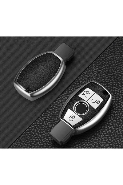 OEM Husă cheie auto pentru Mercedes Benz, cu inserții din piele, 3 butoane, silicon, argintie, compatibilă