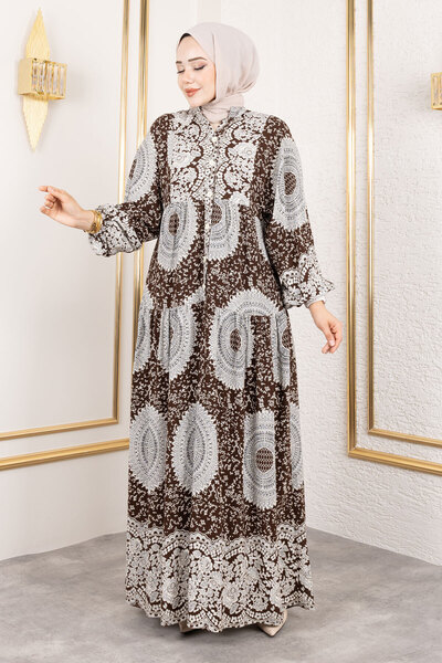Tesettür Dünyası Varak Desenli Viskon Uzun Tesettür Elbise TSD250191 Kahverengi