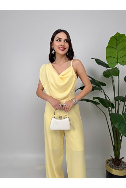 GİZONLY Kadın Sarı Tek Omuz Drapeli Şık Tulum