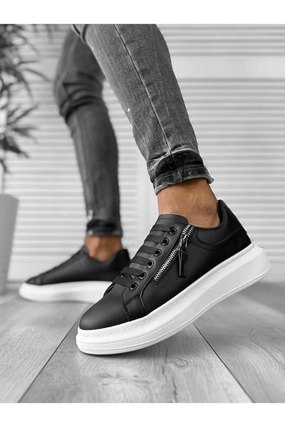 dehaine Adidasi pentru barbati, casual, cu fermoar decorativ, negru cu talpa alba, K05