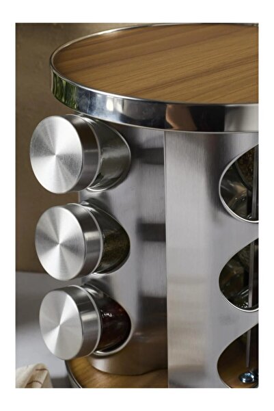 CENGİZ ÇEYİZ Ahşap Döner Yuvarlak Cam Metal Kapaklı Casa 12`li Baharatlık Set...