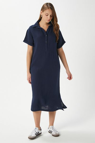 Ritnice Women's Eva 100% Cotton Muslin Polo Neck Slit Navy Blue Midi Dress