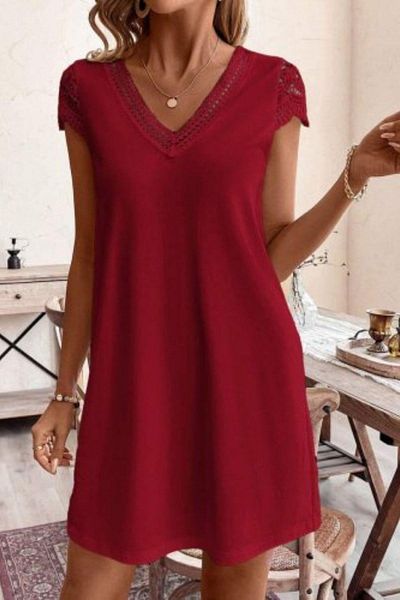 Mossta Lace Collar Short Sleeve Viscose Dress - Burgundy