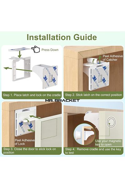 MR.BRACKET 4 Locks + 1 Key Hidden Magnetic Cabinet Drawer Lock - Adhesive Baby Safety Child Lock