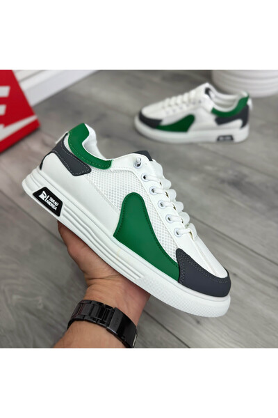 dehaine Men's casual canvas sneakers, white with green print, A108