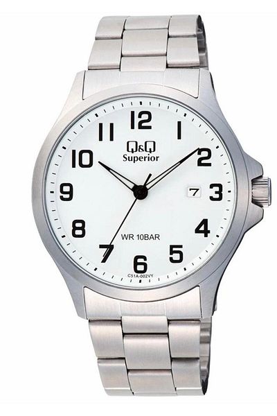 Q&Q Superior C51A-002Vy Men's Wrist Watch with Calendar, Stainless Steel Case and Band.