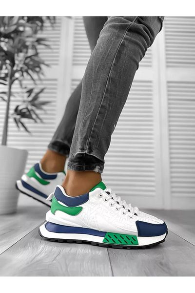 dehaine Men's casual sneakers, white, with green print, A100