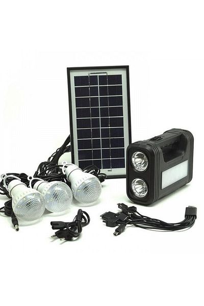 OEM Solar charging lighting system, 3 LED bulbs, 6 LED light sources, USB output, Black