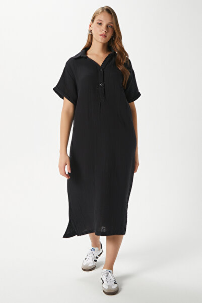 Ritnice Γυναικείο Eva 100% βαμβακερό μουσελίνα πόλο γιακά μαύρο μίντι φόρεμα