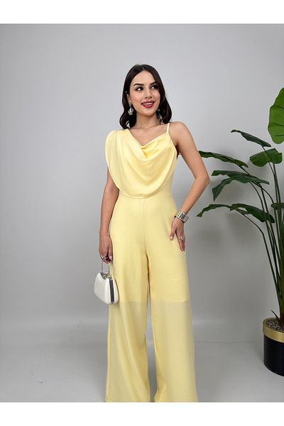 GİZONLY Women's Yellow One Shoulder Draped Stylish Jumpsuit