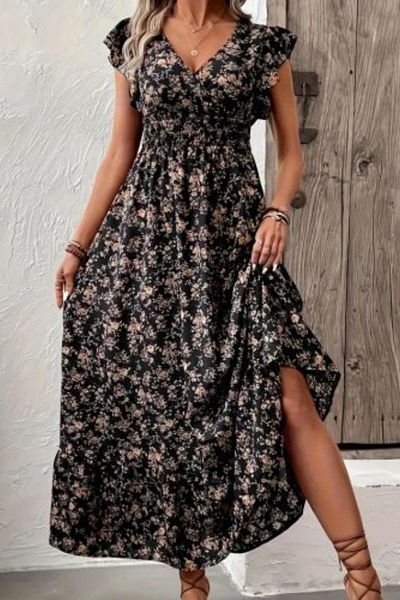 Mossta Double Breasted Collar Elastic Waist Floral Patterned Dress - Black