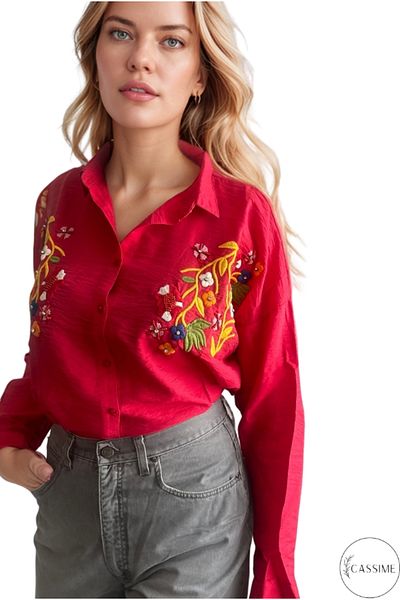 Cassime Women's Vibrant Red Flower Embroidery Embroidered Stone Loose Ayrobin Cotton Shirt