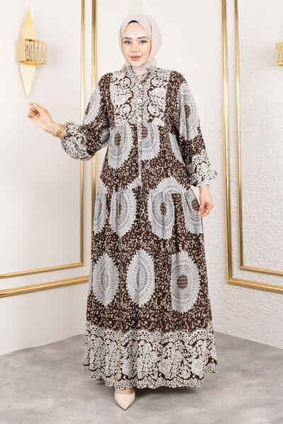Tesettür Dünyası Varak Desenli Viskon Uzun Tesettür Elbise TSD250191 Kahverengi