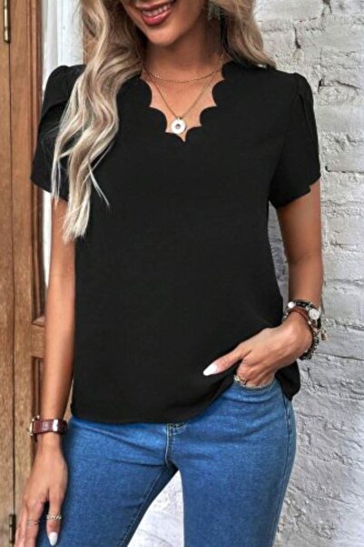 Mossta Kısa Kollu V Yaka Krep Bluz - Siyah