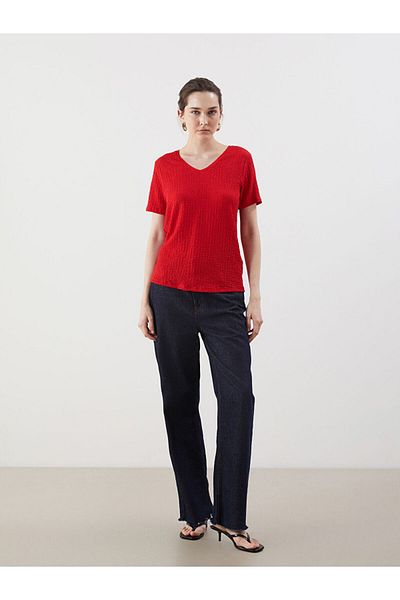 LC Waikiki New Season V-Neck Textured Women's T-Shirt - S5Fp60Z8
