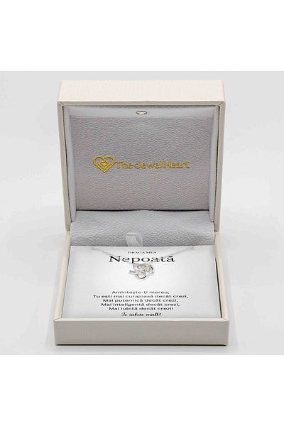 The Jewel Heart Colier Cadou pentru Nepoată – Argint 925 Rodiat, Cu Mesaj și Cutie LED Premium