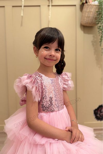 penu baby kids Rochie roz fără mâneci, cu fustă pliată, cu paiete, căptușită din bumbac, pentru fetiță