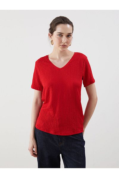 LC Waikiki New Season V-Neck Textured Women's T-Shirt - S5Fp60Z8