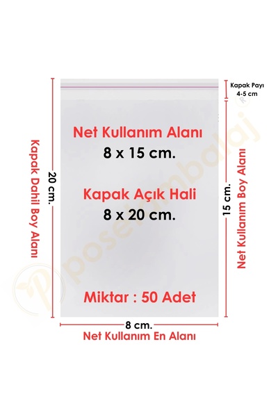 CarpCorn 8x15+5 cm.(8x20) 50 Adet Şeffaf Bantlı Yapışkanlı OPP Poşet