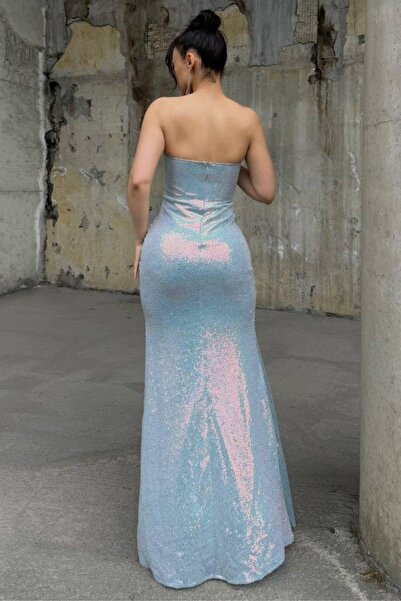 Modafeminen Kadın Straplez Yaka Yırtmaç Detaylı Drapeli Uzun Simli Pul Payetli Maxi Abiye Elbise Turkuaz 583164
