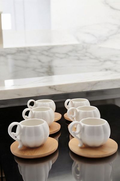 LUMİNA 6-Person Pumpkin Form 12-Piece Coffee Cup Set with Bamboo Base