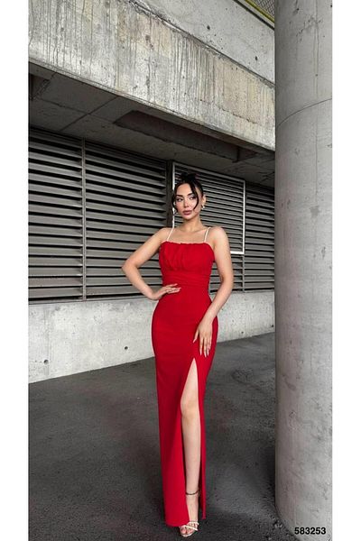 Modafeminen Scuba Crepe Fabric Dress with Gathered Chest and Stone Strap Red 583253