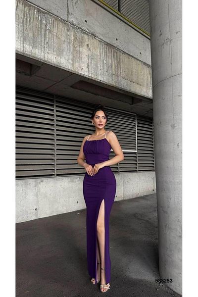 Modafeminen Scuba Crepe Fabric Dress with Gathered Chest and Stone Strap Purple 583253