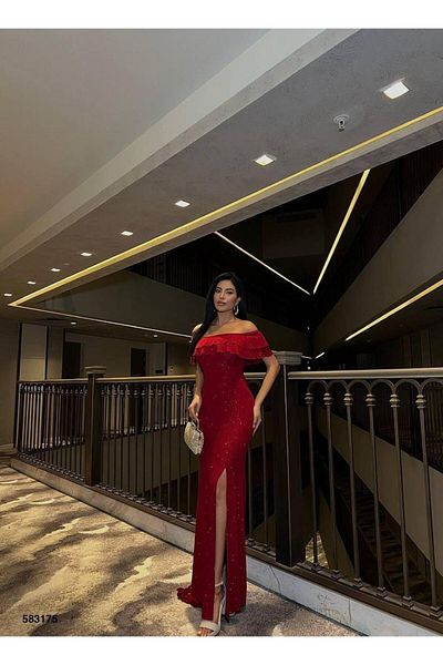 Modafeminen Glitter Off Shoulder Ruffle Slit Detail Evening Dress Red 583175