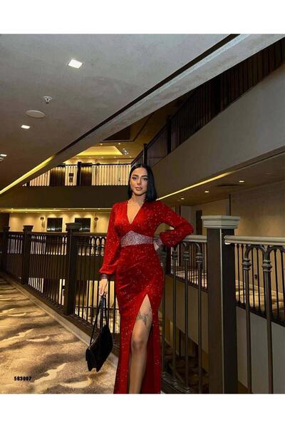 Modafeminen Rochie de seară lungă cu fantă cu decolteu în V cu sclipici și de...