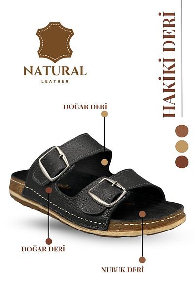 Moda Anna Double Buckle Adjustable Genuine Leather Men's Slippers Natural Leather Slippers t Black
