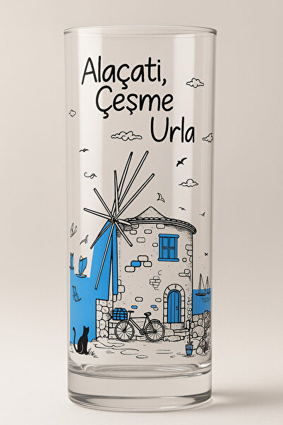 Çeşme Home Alaçatı Çeşme Urla Patterned Glass Cup 13-14 cm Glass Soft Drink Cup Color Printed