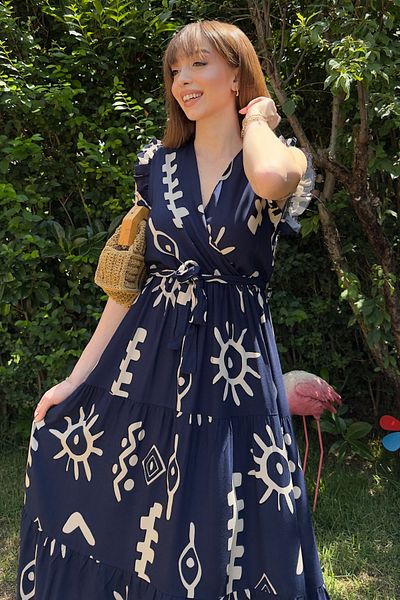 Dilay Gökoğlu Butik Double Breasted Navy Blue Patterned Midi Dress