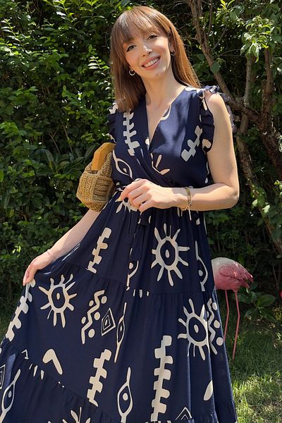 Dilay Gökoğlu Butik Double Breasted Navy Blue Patterned Midi Dress