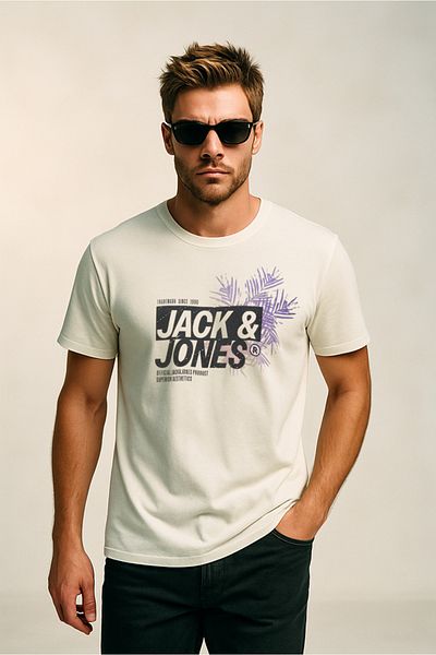 Jack & Jones J&J T-Shirt Men's Chest Logo Printed T-Shirt Ecru