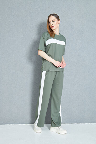 let s shine Women's Front Stripe Detailed Modal Fabric Short Sleeve Tracksuit Set