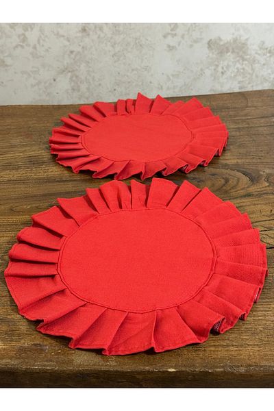 happyteks boutique Frilly Linen American Service Round Supla 2 Pcs Red