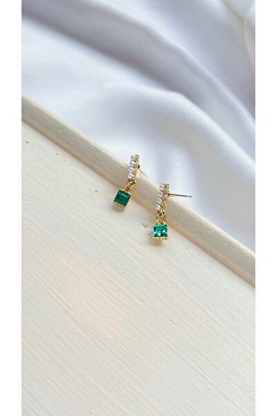 solaris design Zümrüt Yeşili Kare Taşlı İncili Altın Kaplama Şerit Minik Küpe