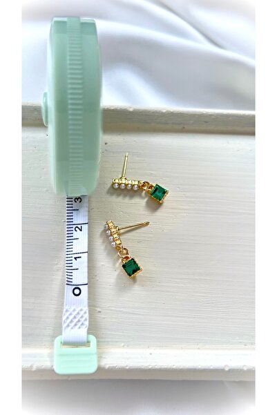 solaris design Zümrüt Yeşili Kare Taşlı İncili Altın Kaplama Şerit Minik Küpe