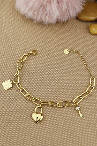 Keyifli Hayaller Çelik Bileklik - Kalp Anahtar Charmlı 316L Çelik Ataç Halka Zincir Bileklik Kararmaz Solmaz 17+5 cm