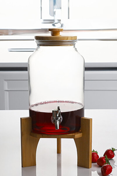 Porselen Diyarı Bambu Kapak ve Altlıklı Musluklu Cam Şeffaf Sebil Lohusa Şerbetlik Damacana 4 Litre Litre
