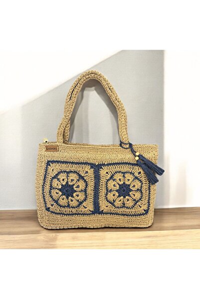 Goshıkı El Örgüsü Kadın Omuz Çantası Kağıt İp Lacivert İşleme Hasır Renk 30x44