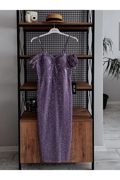 ELZE Ewas Design Midi Length Women's Sequined Dress with Strap Sleeve Detail Corset